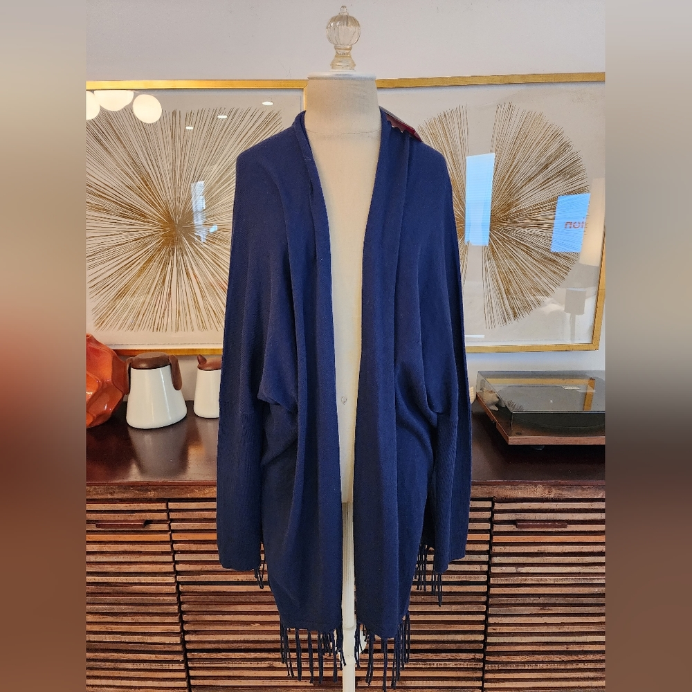 Lilly Pulitzer Colina Dolman Sleeve Fringed Open Cardigan Sweater True Navy Knit